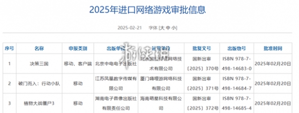 2025年2月进口游戏版号公布-植物大战僵尸3过审